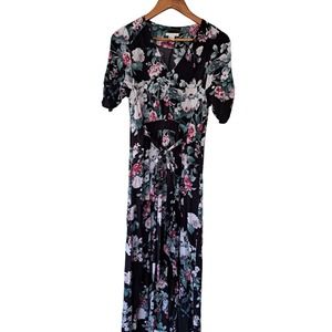 H&M Cottage Core Maxi Dress SZ 2 Black Pink Floral Tie Waist Soft Pockets Boho